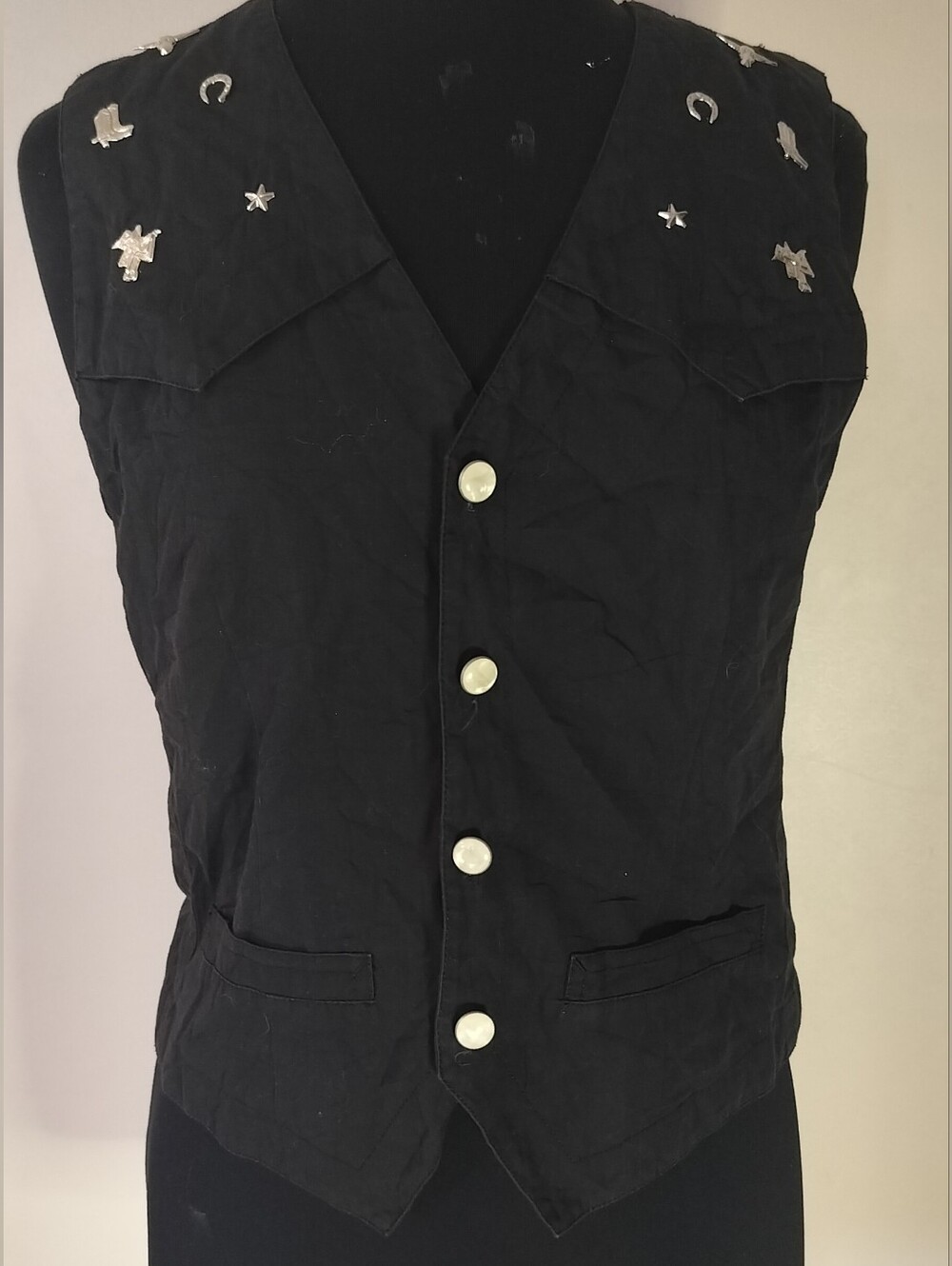 Men's Black Western Embellished Vest with Silver Accents